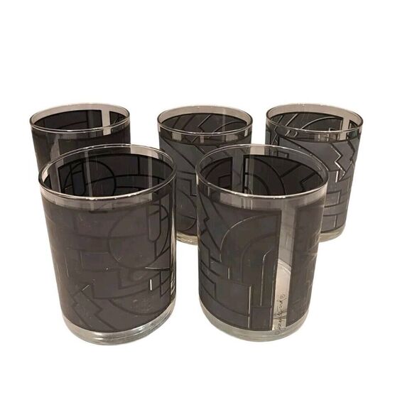 Georges Briard Double Old Fashion Glasses Art Deco Gray Geometric Design MCM (5) - Picture 2 of 16